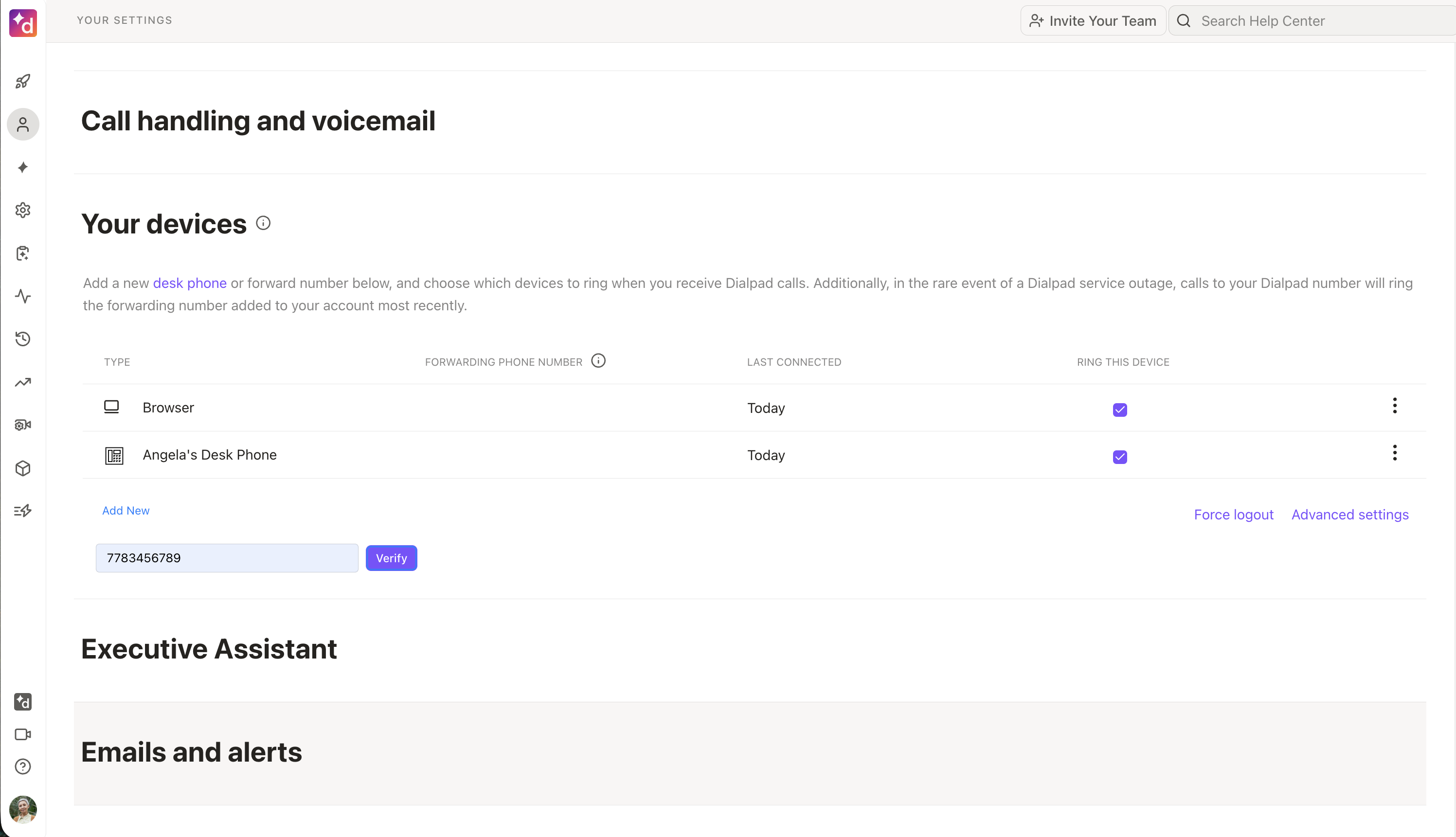 Settings page showing devices for call handling and voicemail options.